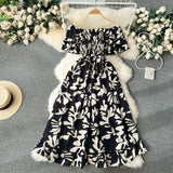 kamames kamames 2024 New French Vacation One-Line Collar Off-Shoulder Short Sleeve Closed Waist Slim Flower Long Grandiflorum Dress