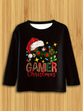 Christmas Hat Pattern Long Sleeve Crew Neck T-shirt For Boys, Cozy Slightly Stretch Spring Autumn Tee As A Christmas Gift