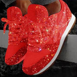 kamames Women Casual Glitter Shoes Mesh Flat Shoes Ladies Sequin Vulcanized Shoes Lace Up Sneakers Outdoor Sport Running Shoes