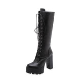 kamames Spring Autumn Lacing Knee High Boots Women Fashion White Square Heel Long Boots Woman Leather Shoes Winter Large Size 34-43