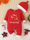 Adorable 'My First Christmas' Letter Print Romper & Hat Set for Baby Boys - Cozy Polyester Blend, Machine Washable - Perfect for Fall/Winter, Perfect for Outdoor