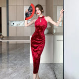 kamames Autumn New French Vintage Red Sleeveless Velvet Midi Dresses Women Elegant Chic Jacquard Beading Sexy Slim Female Clothing