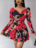 kamames New Flower Printing Waist V Collar Bubble Sleeve Dress