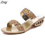 kamames Sequin Slippers Women Summer Luxury Golden Square Heel Party Shoes Slides Woman Open Toe Med Heels Beach Shoes