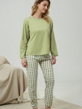 Plaid Print Pocket Crew Neck Long Pajamas Set, Casual Long Sleeve Pajama Top & Comfortable Long Pant, Women's Loungewear & Sleepwear