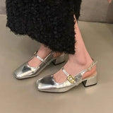 kamames kamames Silver Mary Jane Shoes Women's Shoes 2024 New Summer Temperament Thick Heel Square Head Shallow One Word With Single Shoes