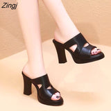 kamames Size 34-40 High Heels Slippers Women Platform Shoes Summer 2023 Block Heel Leather Slides Ladies Office Slippers
