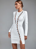 kamames Long Sleeve Bandage Dress Women White Bodycon Dress Evening Party Elegant Sexy Birthday Club Outfits 2022 Autumn Winter