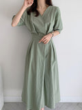 Zingj Solid Linen V-Neck Short Sleeve Elastic Waist Woman Midi Dress Elegant Green Summer 2023 Korean Fashion Women Clothes