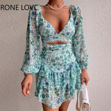 kamames Women Chic Deep V Neck Lantern Sleeves Cascading Ruffles Disty Floral Print Sexy A-line Party Chiffon Dress