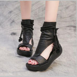 kamames New Summer Black Women Leather Sandals Cool Boots Platform Shoes Wedges Sandals Women Shoes Fashion Outdoor Sandals