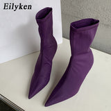 kamames New Candy Color Pointed Toe ANKLE Boots Women High Heel Shoes Street Fashion Style Short Stretch Booties