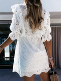 kamames Out White Mini Dress Women Embroidery Summer Dress Female V Neck Short Dress Ladies Casual Elastic Waist A-line Dress