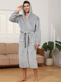 Men's Solid Color Flannel Hooded Robe, Pajama Set With Pockets For Home Wear, Comfy & Gentle Style, Perfect For Fall/Winter