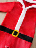 Infant Santa Claus Hooded Romper - 100% Polyester Fleece Long Sleeve Onesie for Babies | Casual Solid Red Winter Jumpsuit with Santa Belt Detail | Knit Fabric, Regular Fit Christmas Costume for Newborns and Toddlers, For Outdoor