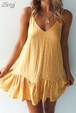 Zingj Summer Dress 2023 Women Sexy Solid V-Neck Ruffled Spaghetti Strap Mini Dress Casual Beach Short Dress Vestidos Yellow