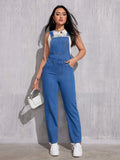 Classic Plain Washed Blue Denim Overalls, Adjustable Strap Casual Patch Pocket Straight Leg Denim Jumpsuit, Women's Denim Jeans & Clothing