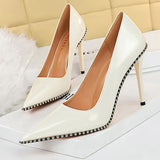 BIGTREE Shoes White Women Pumps Patent Leather Shoes High Heels Stiletto Luxury Party Shoes Metal Chain Rivets Heels Pumps Shoes