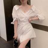 kamames Sleeve Dresses Women Fashion New Sexy Ladies Off Shoulder White Solid Summer Female Mini Dress Leisure V-neck BF Irregular