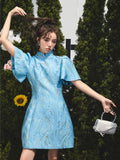 Zingj Vintage Paint Flare Sleeve Summer Cheongsam Dress For Women 2022 Blue A Line Mandarin Collar Qipao Dress Elegant