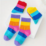 10 Pairs Of Kid's Fashion Rainbow Color Pattern Crew Socks, Comfy Breathable Soft Socks For All Seasons Wearing