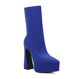 kamames Blue Women Ankle Boots 2022 Stretch Fabric Platform Square High Heel Punk Boots Pointed Toe Autumn Winter Ladies Shoes