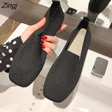 kamames Plus Size Spring New Ballet Flats Women Square Toe Knit Fabric Loafers Breathable Flat Heel Drive Shoes Driving Sneaker
