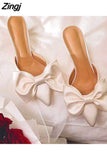 kamames Summer Women's Slippers Bowknot Cat Heel Low Heel Mid Heel Pointed Toe Shoes Slippers High Heels 507-0