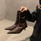 kamames kamames Temperament High Heel Thin Short Boots Women's Shoes 2024 New Brown Autumn And Winter Plus Velvet Pointed Boots Small Bare Boots