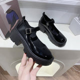 kamames kamames Leather Shoes New Spring 2023 British College Style Bright Leather High-Heeled Single Shoes Round Head Thick Soles Mary Jane Shoes