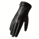 Velvet Lined Elegant Gloves for Women - Warm, Waterproof, Touchscreen, Split Finger, PU Leather with Decorative Buttons - Perfect for Autumn and Winter