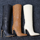 kamames Women Boots Fashion Super High Heel Knee High Boots Faux Leather Pointed Toe Long Boots Winter Shoes 41 42 43