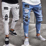 2025 White High-end Denim Men's Pants Cross-border Hot Trade Ripped Trend Black Slim Jeans Men