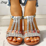 kamames New Gladiator Wedge Heels Elastic Band Crystals Summer Women Shoes Woman Sandals Leisure Beach Sandals Large Size 35-43