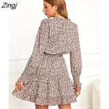 Zingj PETAL Brown Leopard Mini Dress For Woman Sexy Split Neck Long Sleeve Party Dress 2023 Spring Autumn Female Sundress