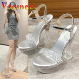 kamames Crystal Heels Women Clear Platforms Shoes 2022 Summer Bling Silvery High Heels Sandals Female Transparent PVC Sexy Wedding Shoes