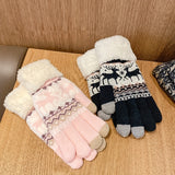 Plus Velvet Thickened Warm Gloves Winter Stretch Cute Deer Print Gloves Outdoor Cycling Touch Screen Coldproof Gloves Christmas Gift