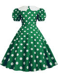 kamames Women Summer Dress Puff Short Sleeve Polka Dot Peter pan Collar Vintage A-line Midi Long Party Sundress Robe Femme