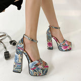 kamames INS Gingham Women Sandals Fashion Platform Square High Heels Sandals Luxury Brand Punk Female Shoes Size 34-43