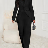 Two-Piece Set Elegant Outfit - Soft Micro Elastic Polyester Knit Fabric, Solid Color, Sleeveless Wide Leg Jumpsuit, Pocket Lapel Cardigan, Comfortable and Chic for All Seasons