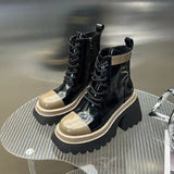 kamames Spring Leather Shoes Women's Dark Bear Ankle Boots Youth Girl Panda Booties Woman Heart Lace Up Low Heels Waterproof Boots