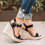 kamames Style 2023 Slope Heel Women's Shoes Straw Braided Hemp Rope Large Size Female Sandals Clasp Fish Mouth Sandals Women