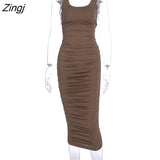 Zingj Women Sexy Sleeveless Solid Color Strapless Fold Dress Summer Bodycon Casual Summer Sundress Brown/Black/Green/Purple