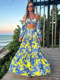 Zingj Summer Two Pieces Maxi Dress For Women Halter Lace Up Tops And Retro Floral Print Long Skirt Ruffled Holiday Beach Dresses