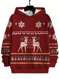 Boys' Festive Christmas Hoodie with Reindeer & Snowflake Print - Cozy Polyester Blend, Long Sleeve Pullover for Fall/Winter