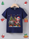 Christmas Truck Print Boy's Casual Short Sleeve T-Shirt, Lightweight & Comfortable Summer Top, Outdoor Cloth