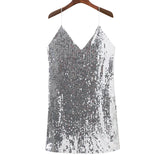 kamames V Neck Autumn Silver Sequined Backless Sexy Dress Women Off Shoulder Mini Dress Christmas Party Club Strap Dresses Vestidos