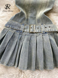 kamames Off the Shoulder Sexy Denim Dress 2023 Strapless Sashes Patchwork Bodycon Dress Ladies Ins Streetwear Short Sundress