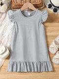 Girls' Summer Elegance: Flutter Sleeve Solid Color Dress - Ruffle Hem, Perfect for Holiday & Party Celebrations