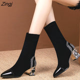 kamames Short Boots Woman Mid Calf Boot Elastic Fabric Rhinestone Square Heel Women's Winter Shoes Black Female Footware